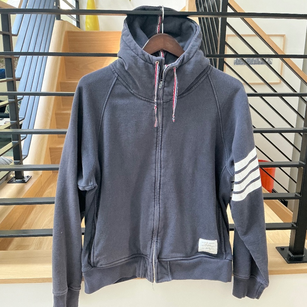 Thom Browne Navy Hoodie with White Stripes